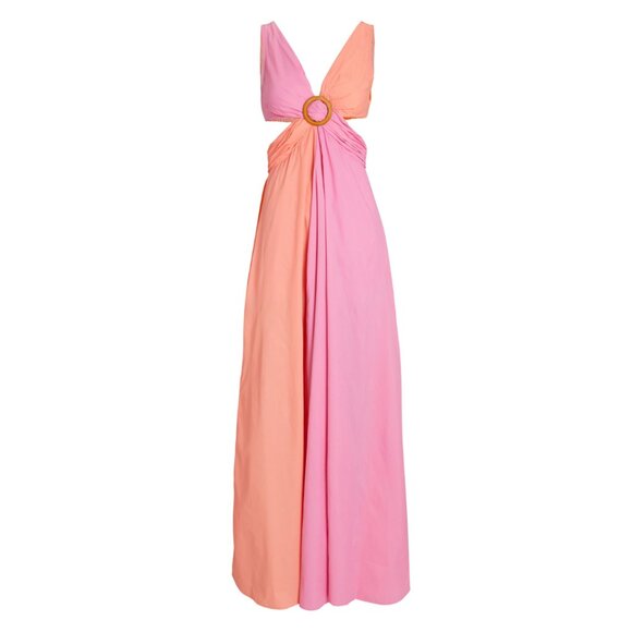 NWT Staud Passage Maxi Dress Colorblock Cut-out Deep V-Neck Flare Skirt Sz 0 - Picture 2 of 12